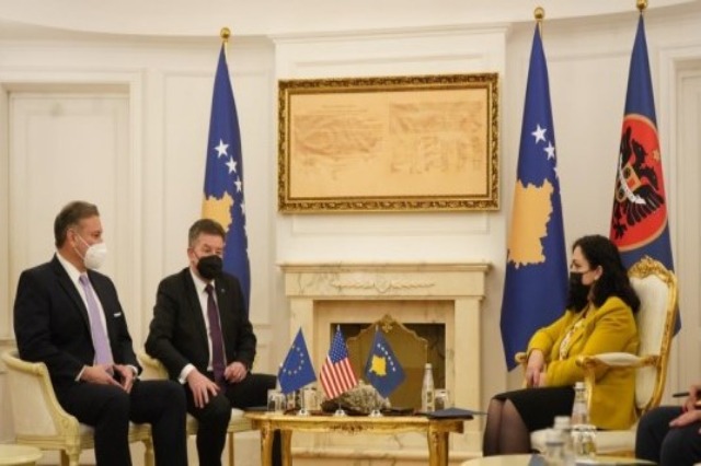 Escobar and Lajcak meet with Kosovo President Vjosa Osmani.