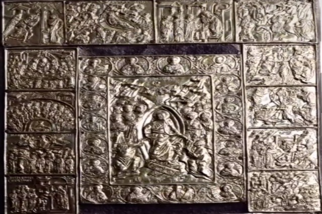 The silver cover of a gospel is exhibited at the Museum of Medieval Art