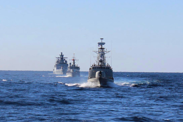 Butrinti ship, training in the Aegean Sea with allied ships