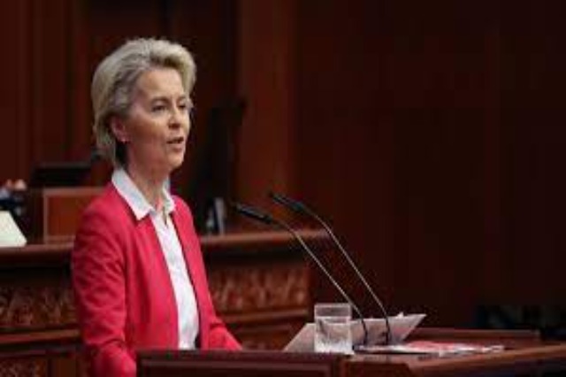 President of EC, Ursula von der Leyen delivers a speech in the Assembly of North Macedonia