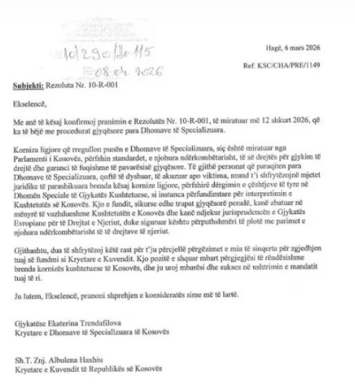 Special Court confirms receipt of Kosovo Assembly resolution
