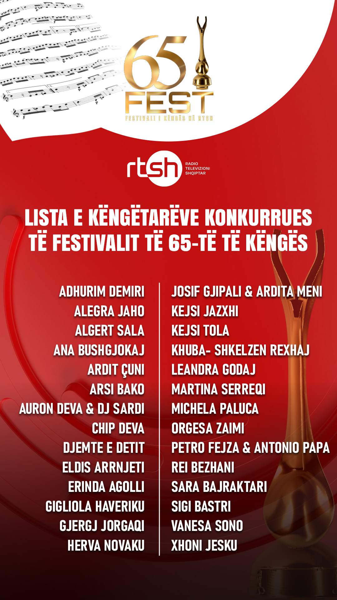 Festival della Canzone albanese, ufficiali i 28 partecipanti alla 65ª edizione