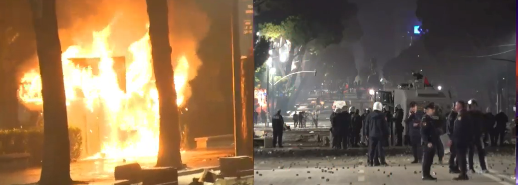 Tensioni e scontri sul viale “Dëshmorët e Kombit”, i manifestanti incendiano i chioschi