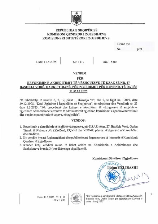 Tensionet në Vorë, Celibashi revokon akreditimet e lëshuara për KQV-të dhe VNV-të, nga vendimi përjashtohen mediat dhe vëzhguesit ndërkombëtarë